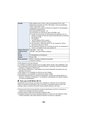 Page 100- 100 -
≥Este software es solo para Windows.
≥La entrada no se admite en idiomas que no son inglés, alemán, francés y chino simplificado y ruso.≥ No se garantiza el funcionamiento en Microsoft Windows 7 Enterprise, Windows 8 Enterprise, 
Windows 8.1 Enterprise ni Windows RT.
≥ Para Windows 8/Windows 8.1, este software se encuentra disponible únicamente como una 
aplicación de escritorio.
≥ Este software no es compatible con entornos de inicio múltiple.
≥ Este software no es compatible con entornos de...