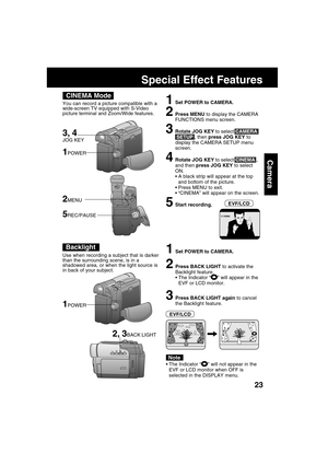 Page 2323
Camera
CINEMA Mode
1Set POWER to CAMERA.
2Press MENU to display the CAMERA
FUNCTIONS menu screen.
3Rotate JOG KEY to select CAMERA
 SETUP , then press JOG KEY to
display the CAMERA SETUP menu
screen.
4Rotate JOG KEY to select CINEMA ,
and then press JOG KEY to select
ON.
A black strip will appear at the top
and bottom of the picture.
Press MENU to exit.
“CINEMA” will appear on the screen.
5Start recording. You can record a picture compatible with a
wide-screen TV equipped with S-Video
picture...