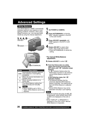 Page 2626For assistance,  please call :  1-800-211-PANA(7262) or send e-mail to : consumerproducts@panasonic.com
Advanced Settings
1Set POWER to CAMERA.
2Press AUTO/MANUAL so that the
“MNL” indication appears in the EVF
or the LCD monitor.
3Press JOG KEY repeatedly until
“AWB” appears in the EVF or LCD
monitor.
4Rotate JOG KEY to select other
modes. (See mode chart at left.)
Press AUTO/MANUAL to cancel the
setting.
Mode
AWB
*
3, 4, A, BJOG KEY
White Balance
Auto White Balance (“AWB”) automatically
maintains...