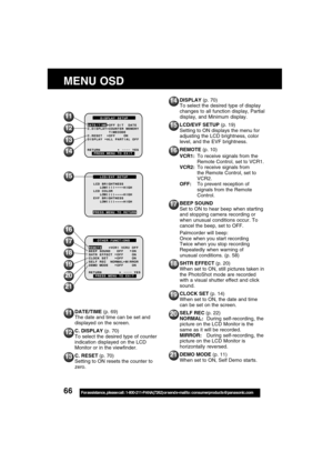 Page 6666For assistance,  please call :  1-800-211-PANA(7262) or send e-mail to : consumerproducts@panasonic.com
13
14
15
16
17
18
19
MENU OSD
20
21
DISPLAY (p. 70)
To select the desired type of display
changes to all function display, Partial
display, and Minimum display.
LCD/EVF SETUP (p. 19)
Setting to ON displays the menu for
adjusting the LCD brightness, color
level, and the EVF brightness.
REMOTE (p. 10)ly
VCR1:To receive signals from the
Remote Control, set to VCR1.
VCR2:To receive signals from
the...