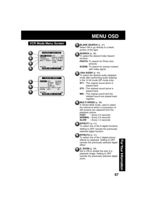 Page 6767
For Your  Information
VCR Mode Menu Screen1
2
6
MENU OSD
5
4
3
BLANK SEARCH (p. 31)
Select ON to go directly to a blank
portion of the tape.
SEARCH (p. 35)
To select the desired Index Search
function.
PHOTO:To search for Photo shot
pictures.
SCENE:To search for scenes marked
with Index signal.
12bit AUDIO (p. 44)
To select the desired audio playback
mode after performing audio dubbing
in the 12 bit mode (SP mode only).
ST1 :The original sound alone is
played back.
ST2 :The dubbed sound alone is
played...