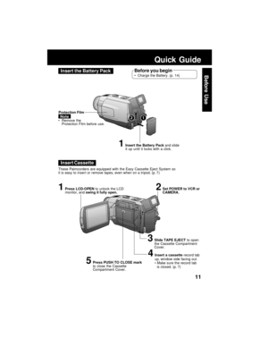 Page 1111
Before Use
Quick Guide
Insert the Battery Pack
Insert Cassette
1Insert the Battery Pack and slide
it up until it locks with a click.
1Press LCD-OPEN to unlock the LCD
monitor, and swing it fully open.
3Slide TAPE EJECT to open
the Cassette Compartment
Cover. Protection Film
NoteRemove the
Protection Film before use.
Before you begin
Charge the Battery. (p. 14)
2Set POWER to VCR or
CAMERA.
12
These Palmcorders are equipped with the Easy Cassette Eject System so
it is easy to inser t or remove tapes,...