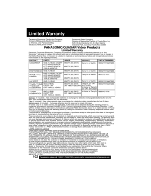 Page 102102For assistance,  please call :  1-800-211-PANA(7262) or send e-mail to : consumerproducts@panasonic.com
Limited Warranty
Panasonic Consumer Electronics Company,
Division of Matsushita Electric Corporation
of America, One Panasonic Way
Secaucus, New Jersey 07094Panasonic Sales Company,
Division of Matsushita Electric of Puerto Rico, Inc.
AVE. 65 de Infantería, Km. 9.5 San Gabriel
Industrial Park, Carolina, Puerto Rico 00985
PANASONIC/QUASAR Video  Products
Limited WarrantyPanasonic Consumer Electronics...