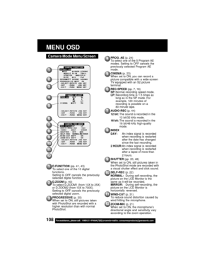 Page 108108For assistance,  please call :  1-800-211-PANA(7262) or send e-mail to : consumerproducts@panasonic.com
PROG. AE (p. 24)
To select one of the 5 Program AE
modes. Setting to OFF cancels the
previously selected Program AE
mode.
CINEMA (p. 23)
When set to ON, you can record a
picture compatible with a wide-screen
TV equipped with an S2 picture
terminal.
REC-SPEED (pp. 7, 18)
SP:Normal recording speed mode.
LP:Recording time is 1.5 times as
long as in the SP mode. For
example, 120 minutes of
recording is...