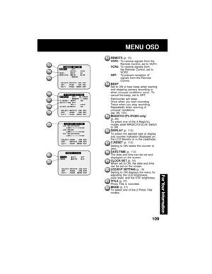 Page 109109
For Your  Information
REMOTE (p. 10)ly
VCR1:To receive signals from the
Remote Control, set to VCR1.
VCR2:To receive signals from
the Remote Control, set to
VCR2.
OFF:To prevent reception of
signals from the Remote
Control.
BEEP
Set to ON to hear beep when starting
and stopping camera recording or
when unusual conditions occur. To
cancel the beep, set to OFF.
Palmcorder will beep:
Once when you start recording
Twice when you stop recording
Repeatedly when warning of
unusual conditions.
(pp. 99, 100)...