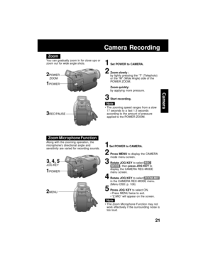 Page 2121
Camera
Zoom
You can gradually zoom in for close ups or
zoom out for wide angle shots.
The zooming speed ranges from a slow
17 seconds to a fast 1.5 seconds
according to the amount of pressure
applied to the POWER ZOOM.
1Set POWER to CAMERA.
2Zoom slowly :
by lightly pressing the “T” (Telephoto)
or the “W” (Wide Angle) side of the
POWER ZOOM.
Zoom quickly:
by applying more pressure.
3Start recording.
Note
2POWER
    ZOOM
Camera Recording
Zoom Microphone Function
1Set POWER to CAMERA.
2Press MENU to...