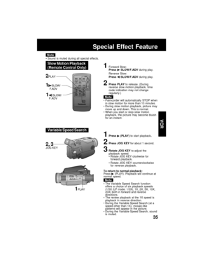 Page 3535
VCR
Special Effect Feature
Note
1Forward Slow:
Press  SLOW/F.ADV during play.
Reverse Slow:
Press 
 SLOW/F.ADV during play.
2Press PLAY to release. (During
reverse slow motion playback, time
code indication may not change
regularly.)
Palmcorder will automatically STOP when
in slow motion for more than 10 minutes.
During slow motion playback, picture may
move up and down. This is normal.
When you start or stop slow motion
playback, the picture may become bluish
for an instant.
Slow Motion Playback...