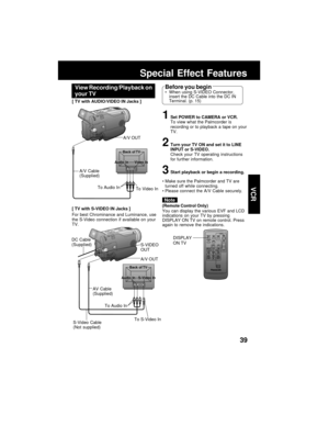 Page 3939
VCR
Back of TV
Audio In S-Video In
Back of TV
Audio In Video In
Special Effect Features
To S-Video In To Audio In
S-VIDEO
OUT
AV Cable
(Supplied)
S-Video Cable
(Not supplied)
To Video In To Audio In
A/V OUT
For best Chrominance and Luminance, use
the S-Video connection if available on your
TV.A/V Cable
(Supplied)
[ TV with S-VIDEO IN Jacks ]
1Set POWER to CAMERA or VCR.
To view what the Palmcorder is
recording or to playback a tape on your
TV.
2Turn your TV ON and set it to LINE
INPUT or S-VIDEO....