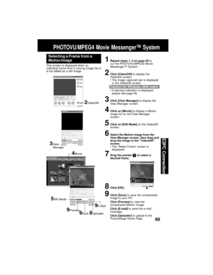 Page 6969
PC Connection
PHOTOVU/MPEG4 Movie Messenger™ System
Selecting a Frame from a
Motion Image
1Repeat steps 1~4 on page 60 to
run the PHOTOVU/MPEG4 Movie
Messenger™ System.
2Click [VideoGift] to display the
VideoGift screen.
The image captured last is displayed
in the VideoGift screen.
If warning indication is displayed,
please see page 89.
3Click [View Manager] to display the
View Manager screen.
4Click on [Movie] to display a Motion
image list on the View Manager
screen.
5Click on [Still Mode] on the...