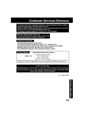 Page 103103
For Your  Information
Customer Services Directory
For Product Information, Operating Assistance, Literature Request, Dealer Locations,
and all Customer Service inquiries please contact:
1-800-211-PANA (7262), Monday-Friday 9 am-9 pm; Saturday-Sunday 9 am-7 pm, EST.
or send e-mail : consumerproducts@panasonic.com
For hearing or speech impaired TTY users, TTY: 1-877-833-8855
Service in Puerto Rico
Matsushita Electric of Puerto Rico, Inc. Panasonic Sales Company/ Factory Servicenter:
Ave. 65 de...