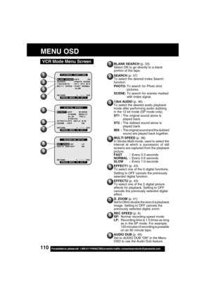 Page 110110For assistance,  please call :  1-800-211-PANA(7262) or send e-mail to : consumerproducts@panasonic.com
VCR Mode Menu Screen1
2
7
6
9
MENU OSD
5
4
8
3
1
2
4
3
6
7
5
8
9
BLANK SEARCH (p. 33)
Select ON to go directly to a blank
portion of the tape.
SEARCH (p. 37)
To select the desired Index Search
function.
PHOTO:To search for Photo shot
pictures.
SCENE:To search for scenes marked
with Index signal.
12bit AUDIO (p. 46)
To select the desired audio playback
mode after performing audio dubbing
in the 12...