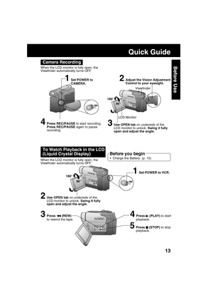 Page 1313
Before UseCamera Recording
When the LCD monitor is fully open, the
Viewfinder automatically tur ns OFF.
180°
90°
LCD Monitor
2Adjust the Vision Adjustment
Control to your eyesight.
4Press REC/PAUSE to start recording.
Press REC/PAUSE again to pause
recording.
Viewfinder
1Set POWER to
CAMERA.
3Use OPEN tab on underside of the
LCD monitor to unlock. Swing it fully
open and adjust the angle.
To Watch Playback in the LCD
(Liquid Crystal Display)
When the LCD monitor is fully open, the
Viewfinder...