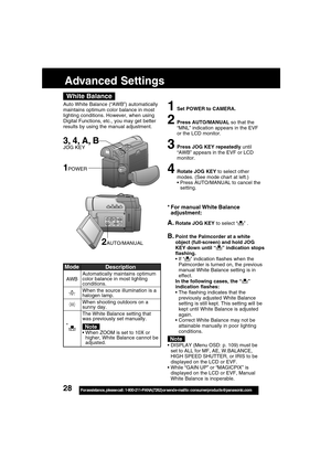 Page 2828For assistance,  please call :  1-800-211-PANA(7262) or send e-mail to : consumerproducts@panasonic.com
DISPLAY (Menu OSD: p. 109) must be
set to ALL for MF, AE, W.BALANCE,
HIGH SPEED SHUTTER, or IRIS to be
displayed on the LCD or EVF.
While “GAIN UP” or “MAGICPIX” is
displayed on the LCD or EVF, Manual
White Balance is inoperable.
Note
Advanced Settings
1Set POWER to CAMERA.
2Press AUTO/MANUAL so that the
“MNL” indication appears in the EVF
or the LCD monitor.
3Press JOG KEY repeatedly until
“AWB”...