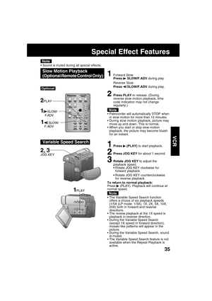 Page 3535
VCR
Special Effect Features
Note
1Forward Slow:
Press  SLOW/F.ADV during play.
Reverse Slow:
Press 
 SLOW/F.ADV during play.
2Press PLAY to release. (During
reverse slow motion playback, time
code indication may not change
regularly.)
Palmcorder will automatically STOP when
in slow motion for more than 10 minutes.
During slow motion playback, picture may
move up and down. This is normal.
When you start or stop slow motion
playback, the picture may become bluish
for an instant.
Slow Motion Playback...