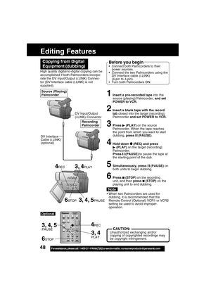 Page 4848For assistance,  please call :  1-800-211-PANA(7262) or send e-mail to : consumerproducts@panasonic.com
Editing Features
3, 4, 5PAUSE
3, 4PLAY
6STOP High quality digital-to-digital copying can be
accomplished if both Palmcorders incorpo-
rate the DV Input/Output (i.LINK) Connec-
tor (DV Interface cable (i.LINK) is not
supplied).
1Insert a pre-recorded tape into the
source (playing) Palmcorder, and set
POWER to VCR.
2Insert a blank tape with the record
tab closed into the target (recording)
Palmcorder...