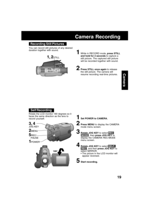 Page 1919
Camera
Self Recording
180°
Camera Recording
1, 2STILL You can record still pictures of any desired
duration together with sound.
Recording Still Pictures
1While in RECORD mode, press STILL
and hold for 2 seconds to capture a
still picture. The captured still picture
will be recorded together with sound.
2Press STILL once again to release
the still picture. The camera will
resume recording real-time pictures.
Rotate the LCD monitor 180 degrees so it
faces the same direction as the lens to
record...