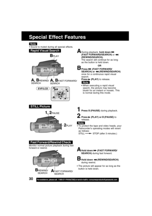 Page 3030For assistance,  please call :  1-800-211-PANA(7262) or send e-mail to : consumerproducts@panasonic.com
Special Effect Features
BPLAY
A, BFAST FORWARD/
SEARCHA, BREWIND/
SEARCH
Sound is muted during all special effects.
ADuring playback, hold down (FAST FORWARD/SEARCH) or 
(REWIND/SEARCH).
The search will continue for as long
as the button is held down.
OR
BPress  (FAST FORWARD/
SEARCH) or  (REWIND/SEARCH)
once for a continuous rapid visual
search.
Press 
 (PLAY) to release.
When executing a rapid...