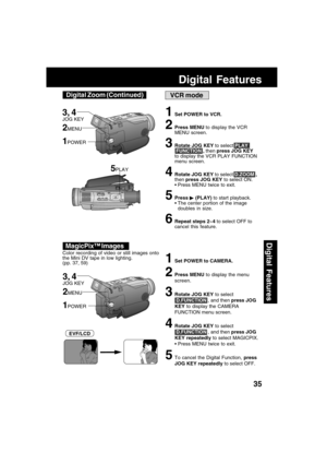 Page 3535
Digital Features
Digital Features
VCR mode
1Set POWER to VCR.
2Press MENU to display the VCR
MENU screen.
3Rotate JOG KEY to select PLAY
 FUNCTION , then press JOG KEY
to display the VCR PLAY FUNCTION
menu screen.
4Rotate JOG KEY to select D.ZOOM ,
then press JOG KEY to select ON.
Press MENU twice to exit.
5Press  (PLAY) to start playback.
The center portion of the image
doubles in size.
6Repeat steps 2~4 to select OFF to
cancel this feature.
5PLAY
Color recording of video or still images onto
the...