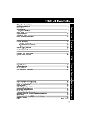 Page 55
Before Use
Table of Contents
Camera
VCR
For Your  Information
Special Features
Things You Should Know ................................................................................................ 2
Important Safeguards ..................................................................................................... 3
Precautions .....................................................................................................................4
Before Using...