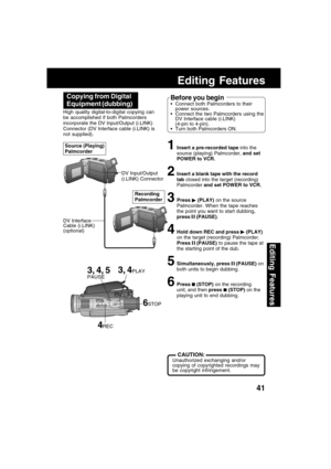 Page 4141
Editing Features
Editing Features
3, 4, 5PAUSE
3, 4PLAY
6STOP High quality digital-to-digital copying can
be accomplished if both Palmcorders
incorporate the DV Input/Output (i.LINK)
Connector (DV Interface cable (i.LINK) is
not supplied).
1Insert a pre-recorded tape into the
source (playing) Palmcorder, and set
POWER to VCR.
2Insert a blank tape with the record
tab closed into the target (recording)
Palmcorder and set POWER to VCR.
3Press  (PLAY) on the source
Palmcorder. When the tape reaches
the...