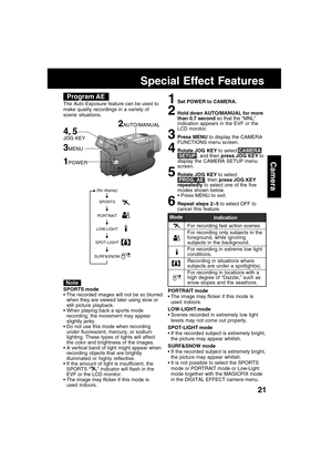 Page 2121
Camera
Special Effect Features
SPORTS mode
The recorded images will not be so blurred
when they are viewed later using slow or
still picture playback.
 When playing back a sports mode
  recording, the movement may appear
  slightly jerky.
Do not use this mode when recording
under fluorescent, mercury, or sodium
lighting. These types of lights will affect
the color and brightness of the images.
A vertical band of light might appear when
recording objects that are brightly
illuminated or highly...