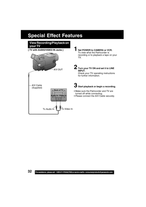 Page 3232For assistance,  please call :  1-800-211-PANA(7262) or send e-mail to : consumerproducts@panasonic.com
Back of TV
Audio In Video In
Special Effect Features
To Video In
To Audio In
A/V OUT
A/V Cable
(Supplied)
1Set POWER to CAMERA or VCR.
To view what the Palmcorder is
recording or to playback a tape on your
TV.
2Turn your TV ON and set it to LINE
INPUT.
Check your TV operating instructions
for further information.
3Start playback or begin a recording.
Make sure the Palmcorder and TV are
turned off...