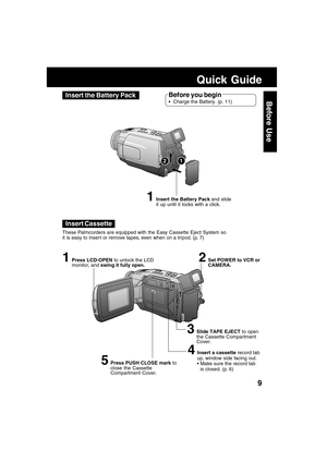 Page 99
Before Use
Quick Guide
Insert the Battery Pack
Insert Cassette
1Insert the Battery Pack and slide
it up until it locks with a click.
Before you begin
Charge the Battery. (p. 11)
12
These Palmcorders are equipped with the Easy Cassette Eject System so
it is easy to inser t or remove tapes, even when on a tripod. (p. 7)
1Press LCD-OPEN to unlock the LCD
monitor, and swing it fully open.
3Slide TAPE EJECT to open
the Cassette Compartment
Cover.
2Set POWER to VCR or
CAMERA.
4Insert a cassette record tab...