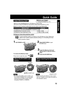 Page 1313
Before UseInsert Memory Card*
3Insert the Memory Card and
gently push in until you hear a
click.
4Close the M-CARD Door.
2Slide DOOR OPEN to open
M-CARD door.1Set POWER to OFF.
Quick Guide
Before you begin
Charge the Battery. (p. 14)
*Memory Card: MultiMediaCard or SD Memory Card (p. 95)
Be sure to insert the Memory Card before using Card PhotoShot. (p. 48)
Below is a list of memory cards which can be used in this Palmcorder.
Memory Card
SD Memory Card (RP-SD008BMK0) (supplied)
MultiMediaCard...