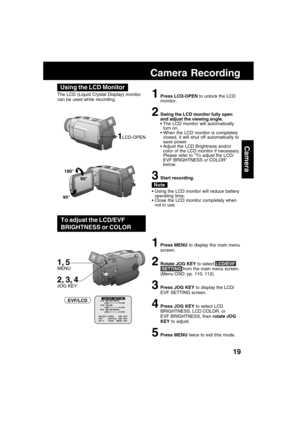Page 1919
Camera
The LCD (Liquid Crystal Display) monitor
can be used while recording.1Press LCD-OPEN to unlock the LCD
monitor.
2Swing the LCD monitor fully open
and adjust the viewing angle.
 The LCD monitor will automatically
turn on.
 When the LCD monitor is completely
closed, it will shut off automatically to
save power.
Adjust the LCD Brightness and/or
color of the LCD monitor if necessary.
Please refer to “To adjust the LCD/
EVF BRIGHTNESS or COLOR”
below.
3Start recording.
Using the LCD monitor will...