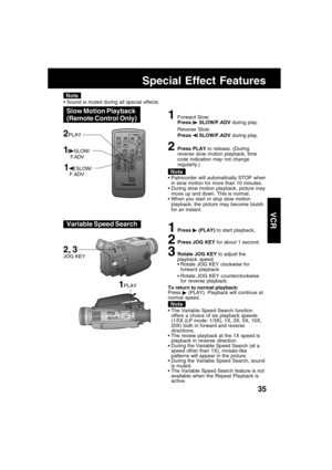 Page 3535
VCR
Special Effect Features
Note
1Forward Slow:
Press  SLOW/F.ADV during play.
Reverse Slow:
Press 
 SLOW/F.ADV during play.
2Press PLAY to release. (During
reverse slow motion playback, time
code indication may not change
regularly.)
Palmcorder will automatically STOP when
in slow motion for more than 10 minutes.
During slow motion playback, picture may
move up and down. This is normal.
When you start or stop slow motion
playback, the picture may become bluish
for an instant.
Slow Motion Playback...