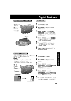 Page 4141
Digital Features
Digital Features
VCR mode
1Set POWER to VCR.
2Press MENU to display the VCR
MENU screen.
3Rotate JOG KEY to select PLAY
 FUNCTION , then press JOG KEY
to display the VCR PLAY FUNCTION
menu screen.
4Rotate JOG KEY to select D.ZOOM ,
then press JOG KEY to select ON.
Press MENU twice to exit.
5Press  (PLAY) to start playback.
The center portion of the image
doubles in size.
6Repeat steps 2~4 to select OFF to
cancel this feature.
5PLAY
Color recording of video or still images onto
the...