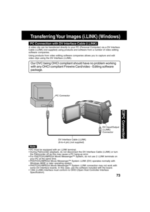 Page 7373
PC Connection
Transferring Your Images (i.LINK) (Windows)
DV Interface Cable (i.LINK)
(6-to-4 pin) (not supplied)
PC Connector
DV Input/Output
(i.LINK)
Connector
PC Connection with DV Interface Cable (i.LINK)
Our DVC being OHCI compliant should have no problem working
with any OHCI compliant Firewire Card/video - Editing software
package.
A video clip can be transferred directly to your PC (Personal Computer) via a DV Interface
Cable (i.LINK) (not supplied) using products and software from a number of...