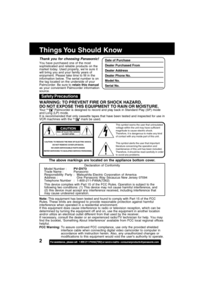 Page 22For assistance,  please call :  1-800-211-PANA(7262) or send e-mail to : consumerproducts@panasonic.com
Things You Should Know
Date of Purchase
Dealer Purchased From
Dealer Address
Dealer Phone No.
Model No.
Serial No.
Thank you for choosing Panasonic!
You have purchased one of the most
sophisticated and reliable products on the
market today. Used properly, we’re sure it
will bring you and your family years of
enjoyment. Please take time to fill in the
information below. The serial number is on
the tag...