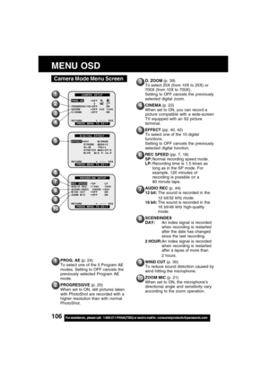 Page 106106For assistance,  please call :  1-800-211-PANA(7262) or send e-mail to : consumerproducts@panasonic.com
MENU OSD
Camera Mode Menu Screen
6
7
8
9
10
1
3
4
5
6
7
8
9
10
2
D. ZOOM (p. 39)
To select 25X (from 10X to 25X) or
700X (from 10X to 700X).
Setting to OFF cancels the previously
selected digital zoom.
CINEMA (p. 23)
When set to ON, you can record a
picture compatible with a wide-screen
TV equipped with an S2 picture
terminal.
EFFECT (pp. 40, 42)
To select one of the 10 digital
functions.
Setting to...