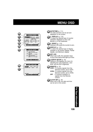 Page 109109
For Your  Information
10
11
13
12
14
MENU OSD
DATE/TIME (p. 111)
The date and time can be set and
displayed on the screen.
C. DISPLAY (p. 112)
To select the desired type of counter
indication displayed on the LCD
Monitor or in the viewfinder.
C. RESET (p. 112)
Setting to ON resets the counter to zero.
DISPLAY (p. 112)
To select the desired type of display
changes to all function display, Partial
display, and Minimum display.
KEY LED
When set to ON, the operation keys
on top of the Palmcorder light up...