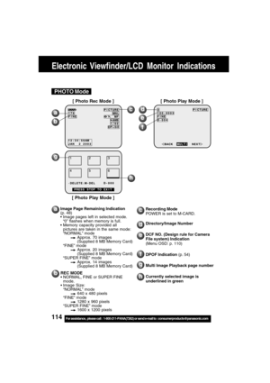 Page 114114For assistance,  please call :  1-800-211-PANA(7262) or send e-mail to : consumerproducts@panasonic.com
Electronic Viewfinder/LCD Monitor Indications
Image Page Remaining Indication
(p. 48)
 Image pages left in selected mode.
“0” flashes when memory is full.
 Memory capacity provided all
pictures are taken in the same mode:
“NORMAL” mode
Approx. 70 images
(Supplied 8 MB Memory Card)
“FINE” mode
Approx. 20 images
(Supplied 8 MB Memory Card)
“SUPER FINE” mode
Approx. 14 images
(Supplied 8 MB Memory...