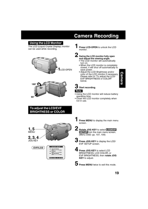 Page 1919
Camera
The LCD (Liquid Crystal Display) monitor
can be used while recording.1Press LCD-OPEN to unlock the LCD
monitor.
2Swing the LCD monitor fully open
and adjust the viewing angle.
  The LCD monitor will automatically
turn on.
  When the LCD monitor is completely
closed, it will shut off automatically to
save power.
 Adjust the LCD Brightness and/or
color of the LCD monitor if necessary.
Please refer to “To adjust the LCD/
EVF BRIGHTNESS or COLOR”
below.
3Start recording.
 Using the LCD monitor...