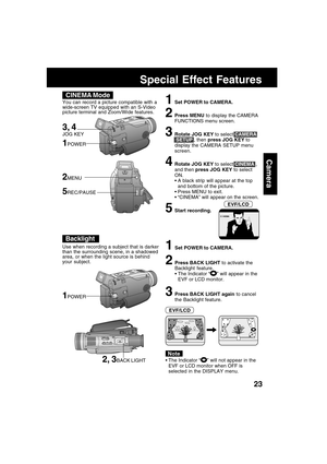 Page 2323
Camera
CINEMA Mode
1Set POWER to CAMERA.
2Press MENU to display the CAMERA
FUNCTIONS menu screen.
3Rotate JOG KEY to select CAMERA
 SETUP , then press JOG KEY to
display the CAMERA SETUP menu
screen.
4Rotate JOG KEY to select CINEMA ,
and then press JOG KEY to select
ON.
 A black strip will appear at the top
and bottom of the picture.
 Press MENU to exit.
 “CINEMA” will appear on the screen.
5Start recording. You can record a picture compatible with a
wide-screen TV equipped with an S-Video
picture...