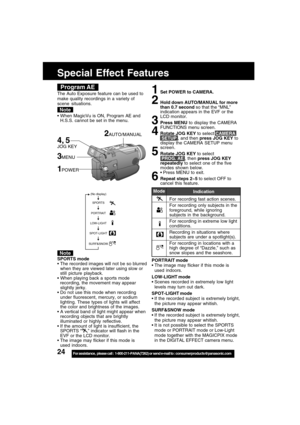 Page 2424For assistance,  please call :  1-800-211-PANA(7262) or send e-mail to : consumerproducts@panasonic.com
Special Effect Features
SPORTS mode
 The recorded images will not be so blurred
when they are viewed later using slow or
still picture playback.
 When playing back a sports mode
  recording, the movement may appear
  slightly jerky.
 Do not use this mode when recording
under fluorescent, mercury, or sodium
lighting. These types of lights will affect
the color and brightness of the images.
 A...