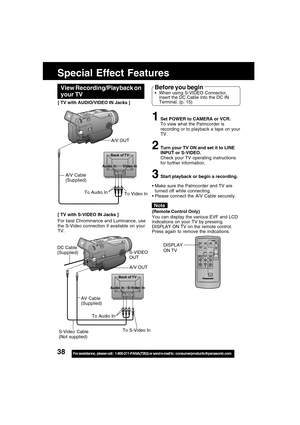 Page 3838For assistance,  please call :  1-800-211-PANA(7262) or send e-mail to : consumerproducts@panasonic.com
Back of TV
Audio In S-Video In
Back of TV
Audio In Video In
Special Effect Features
To S-Video In To Audio In
S-VIDEO
OUT
AV Cable
(Supplied)
S-Video Cable
(Not supplied)
To Video In To Audio In
A/V OUT
For best Chrominance and Luminance, use
the S-Video connection if available on your
TV.A/V Cable
(Supplied)
[ TV with S-VIDEO IN Jacks ]
1Set POWER to CAMERA or VCR.
To view what the Palmcorder is...