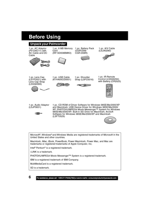 Page 66For assistance,  please call :  1-800-211-PANA(7262) or send e-mail to : consumerproducts@panasonic.com
Before Using
1 pc. AC Adaptor
(PV-DAC11) with
AC Cable and DC
Cable
1 pc. Shoulder
Strap (LSFC0016)1 pc. Battery Pack
(CGR-D08/
CGR-D08R)
1 pc. Lens Cap
(LSYF0521) with
Lens Cap Strap
(LSGQ0066)1 pc. A/V Cable
(LSJA0280)1 pc. 8 MB Memory
Card
(RP-SD008BMK0)
1 pc. CD-ROM of Driver Software for Windows 98SE/Me/2000/XP
and Macintosh; USB Device Driver for Windows 98SE/Me/2000/
XP; PHOTOVU/MPEG4 Movie...