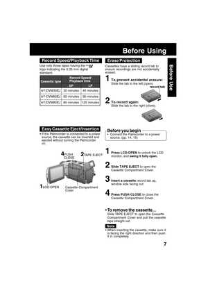 Page 77
Before Use
record tab
Before Using
AY-DVM30EJ
AY-DVM60EJ Cassette type
60 minutes
45 minutes SPLP
90 minutes 30 minutesRecord Speed/
Playback time
AY-DVM80EJ 80 minutes 120 minutes Use only those tapes having the 
Mini
logo indicating the 6.35 mm digital
standard.
Record Speed/Playback Time
Cassettes have a sliding record tab to
ensure recordings are not accidentally
erased.
Erase Protection
1Press LCD-OPEN to unlock the LCD
monitor, and swing it fully open.
2Slide TAPE EJECT to open the
Cassette...