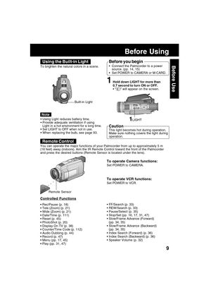 Page 99
Before Use
Before Using
To operate Camera functions:
Set POWER to CAMERA.
To operate VCR functions:
Set POWER to VCR. You can operate the major functions of your Palmcorder from up to approximately 5 m
(16 feet) away (indoors). Aim the IR Remote Control toward the front of the Palmcorder
and press the desired buttons (Remote Sensor is located under the lens).
Remote Control
○○○○
Remote Sensor
Controlled Functions
 Rec/Pause (p. 18)
 Tele (Zoom) (p. 21)
 Wide (Zoom) (p. 21)
 Date/Time (p. 111)
...