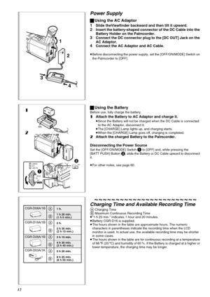 Page 1212
CGR-D08A/1BA
B
A
B
A
A
B B
1 h. 
2 h.
3 h 15 min. 1 h 20 min. 
(1 h 5 min.)
2 h 35 min. 
(2 h 10 min.)
4 h 30 min. 
(3 h 40 min.)
5 h 20 min.
8 h 25 min. 
(6 h 55 min.)
CGR-D16A/1B
CGR-D28A/1B
CGR-D53A/1K
2 1
CAMERA
VCR
CARD P.B.
1MODE
ON
OFF
POWER
2
PUSHBATT
4 31
2
Power Supply
ªUsing the AC Adaptor
1
Slide theViewfinder backward and then tilt it upward.
2Insert the battery-shaped connector of the DC Cable into the 
Battery Holder on the Palmcorder.
3Connect the DC connector plug to the [DC OUT] Jack...