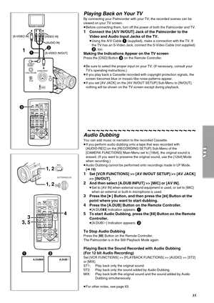 Page 3535
A.DUB;A.DUB!
12
1, 2 1, 2
MENU
ZOOM
INDEX INDEX
SELECT
STORESTOP
KL∫
OSD
COUNTER
V/REW
STILL ADV
OFF/ONP.B.DIGITAL
DATE/
TIME
RESET
TITLE T
W
sVOLr¥RECMULTI/
P-IN-PPHOTO
SHOTSTART/
STOP
A.DUB
PLAY
PAU S E
FF/W
STILL ADV
MENU
ITEMSET
61 5
;ED
VAR.
SEARCHP.B.
ZOOM
4
3
3, 5
PUSH
SHUTTER/IRIS/VOL/JOG
Playing Back on Your TV
By connecting your Palmcorder with your TV, the recorded scenes can be 
viewed on your TV screen.
≥Before connecting them, turn off the power of both the Palmcorder and TV.
1Connect...