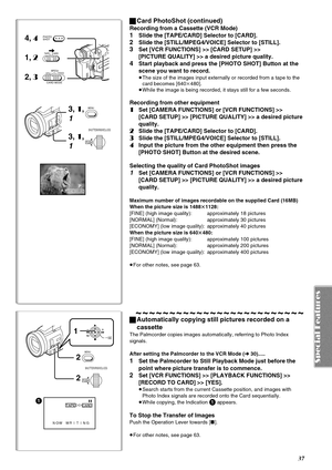 Page 3737
F 7640PICTURE
1, 2
2, 3
PHOTO
SHOT4, 4
TAPE
CARD
3, 1, 
1
3, 1, 
1
MENU
STILLVOICE MPEG4
CARD MODE
PUSH
SHUTTER/IRIS/VOL/JOG
ªCard PhotoShot (continued)
Recording from a Cassette (VCR Mode)
1Slide the [TAPE/CARD] Selector to [CARD].
2Slide the [STILL/MPEG4/VOICE] Selector to [STILL].
3Set [VCR FUNCTIONS] >> [CARD SETUP] >> 
[PICTURE QUALITY] >> a desired picture quality.
4Start playback and press the [PHOTO SHOT] Button at the 
scene you want to record.
≥The size of the images input externally or...