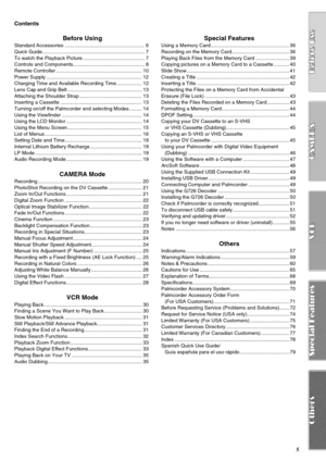 Page 55
Contents
Before Using
Standard Accessories ......................................................... 6
Quick Guide......................................................................... 7
To watch the Playback Picture ............................................ 7
Controls and Components................................................... 8
Remote Controller ............................................................. 10
Power Supply...