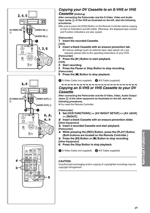 Page 4545
Copying your DV Cassette to an S-VHS or VHS 
Cassette 
(Dubbing)
After connecting the Palmcorder and the S-Video, Video and Audio 
Input Jacks 
A of the VCR as illustrated on the left, start the following 
procedures.
≥Be sure to press the [OSD] Button on the Remote Controller before copying 
so that no Indications are left visible. Otherwise, the displayed tape counter 
and Function indications are also copied.
[Palmcorder]
1Insert the recorded Cassette.
[VCR]
2Insert a blank Cassette with an erasure...