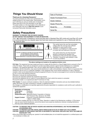 Page 22
Things You Should Know
Thank you for choosing Panasonic! 
You have purchased one of the most sophisticated and 
reliable products on the market today. Used properly, we’re 
sure it will bring you and your family years of enjoyment. 
Please take time to fill in the information on the right.
The serial number is on the tag located on the underside of 
your Palmcorder. Be sure to retain this manual as your 
convenient Palmcorder information source.
Date of Purchase 
Dealer Purchased From 
Dealer Address...