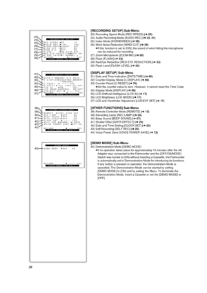 Page 2020
ZOOM MIC   OFF     ON
DATE/TIME OFF D/T DATE
C.DISPLAY COUNTER MEMORY 
          TIMECODE
RETURN          ---- YES
C.RESET    ---- YESDISPLAY  ALL PARTIAL OFFLCD AI    ON      OFF
LCD/EVF SET   ---- YESLCD MODE  NORMAL  BRIGHT
DISPLAY SETUP
PUSH MENU TO EXIT
31)
32)
33)
34)
35)
36)
37)
REC SPEED  SP      LP
AUDIO REC  12bit     16bit 
RETURN          ---- YESSCENEINDEX 2HOUR   DAYWIND CUT   OFF     ON
RECORDING SETUP
PUSH MENU TO EXIT
23)
24)
25)
26)
FLASH      ON AUTO OFFRED EYE REDUCTION OFF ON 28)...